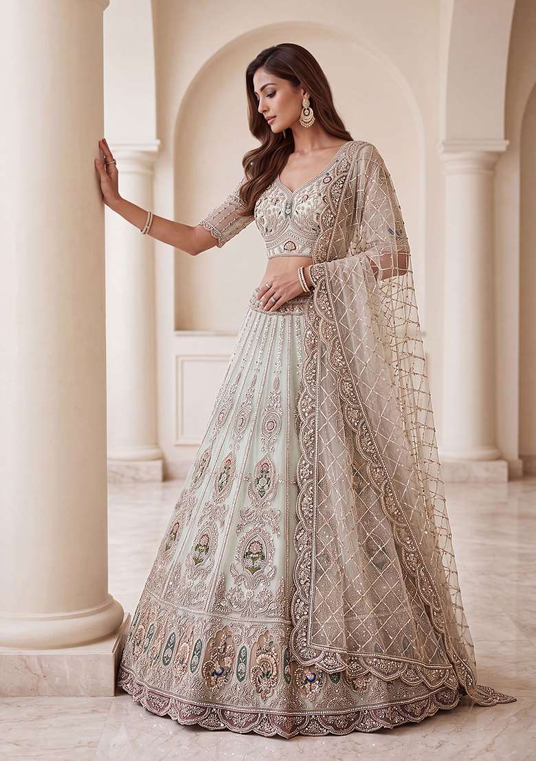 Light Pista Embroidery Net Lehenga Set - Indya