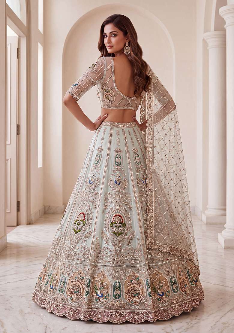 Light Pista Embroidery Net Lehenga Set - Indya