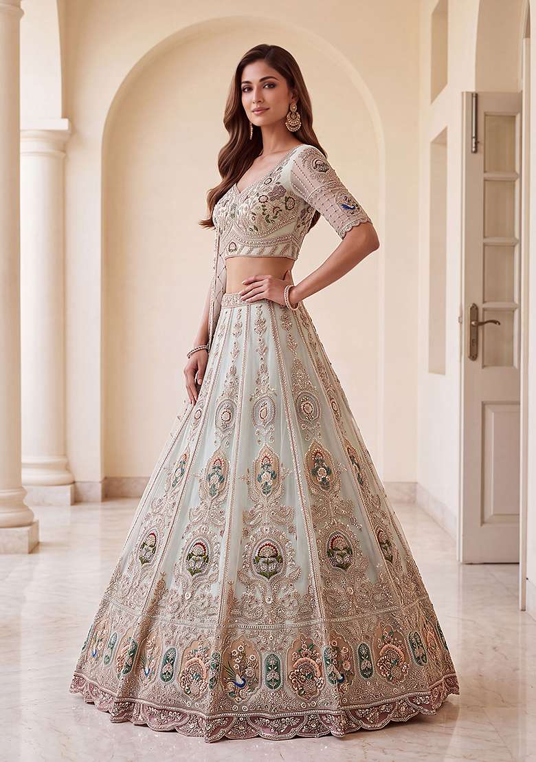 Light Pista Embroidery Net Lehenga Set - Indya