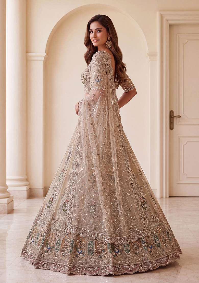 Beige Embroidery Net Lehenga Set - Indya