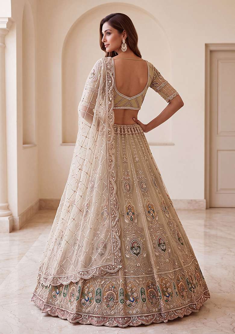 Beige Embroidery Net Lehenga Set - Indya