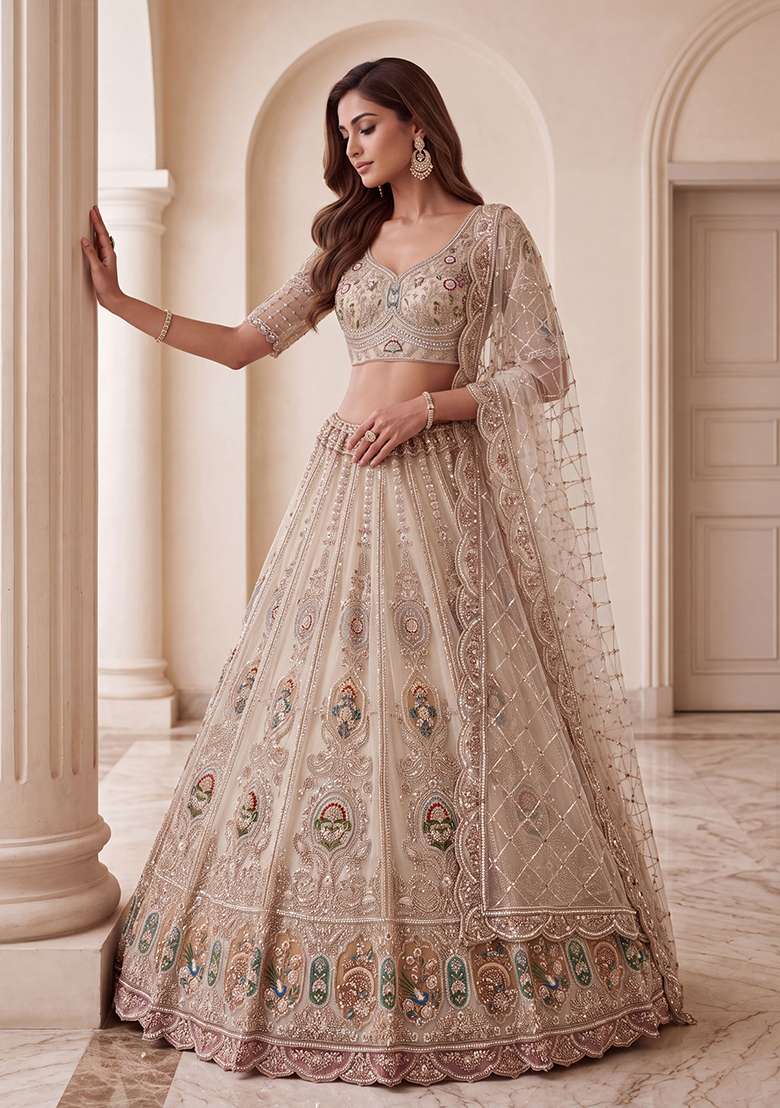 Beige Embroidery Net Lehenga Set - Indya