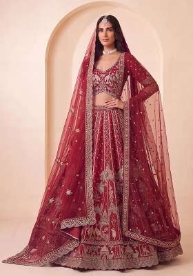 Red Embroidery Silk Lehenga Set