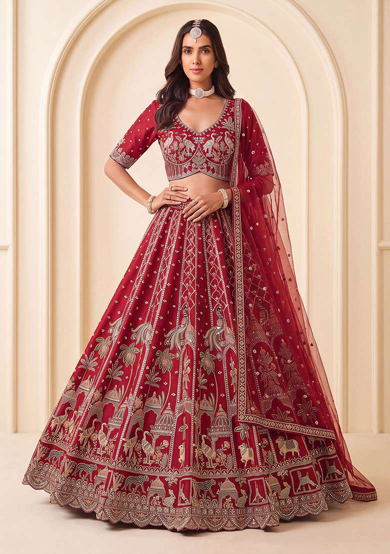 Red Embroidery Silk Lehenga Set - Indya