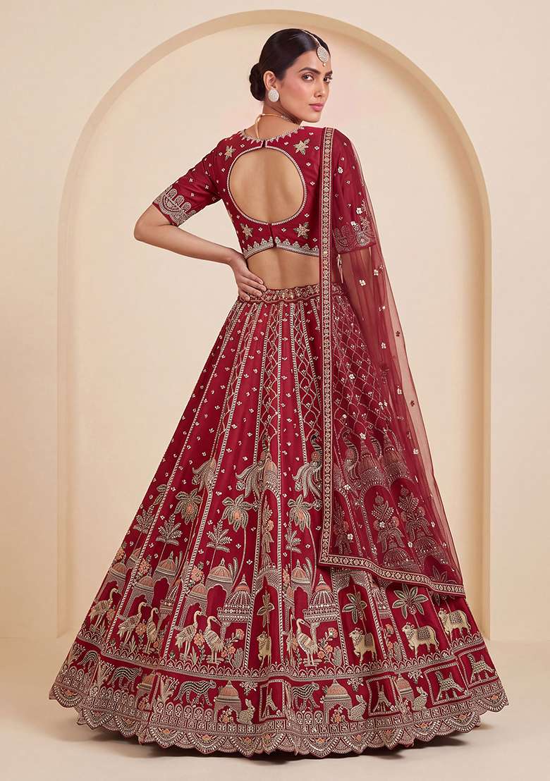 Red Embroidery Silk Lehenga Set - Indya