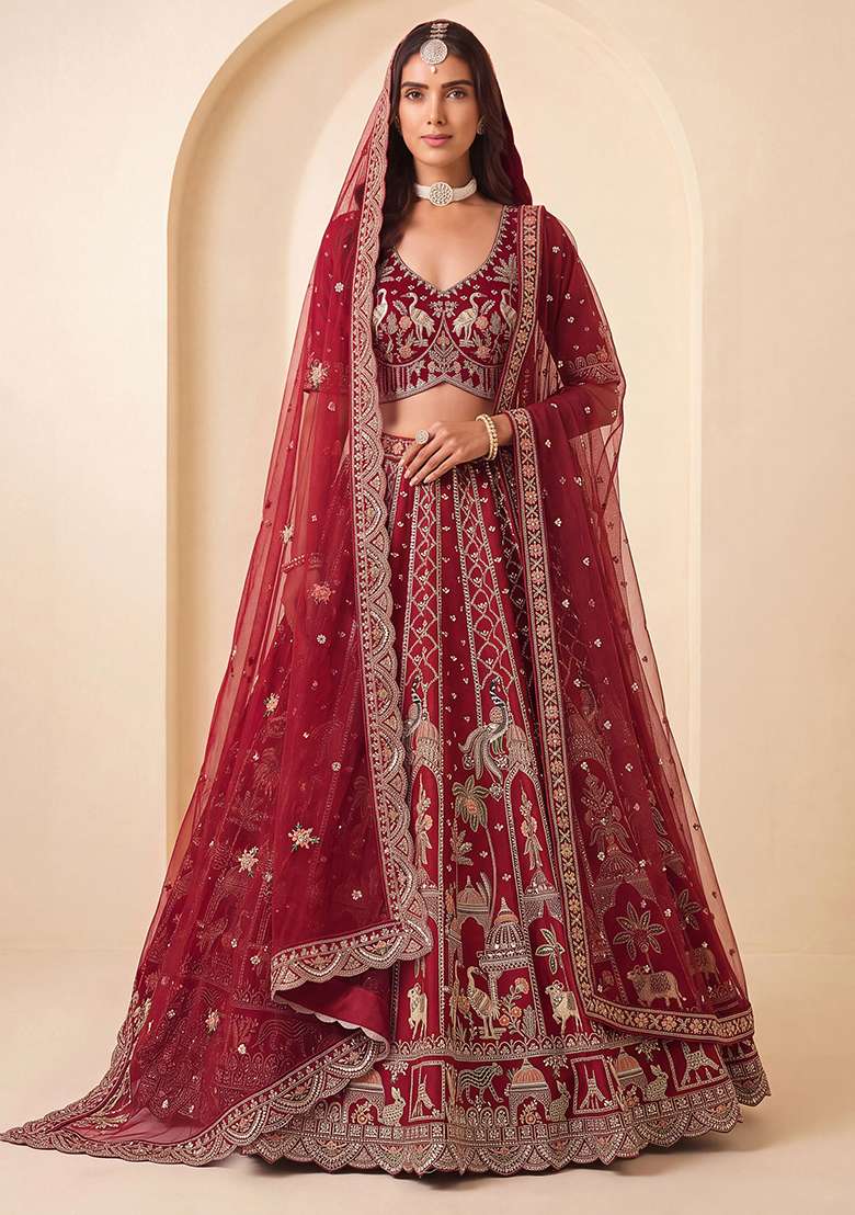 Red Embroidery Silk Lehenga Set - Indya