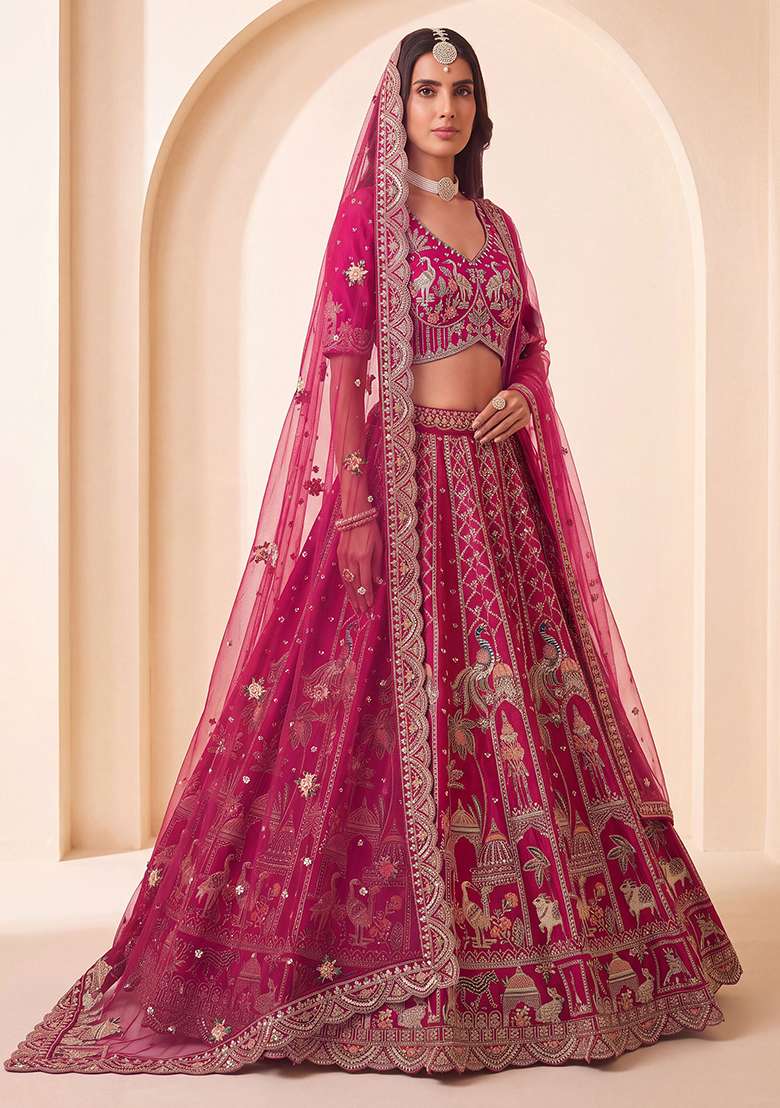 Rani Pink Embroidery Silk Lehenga Set - Indya