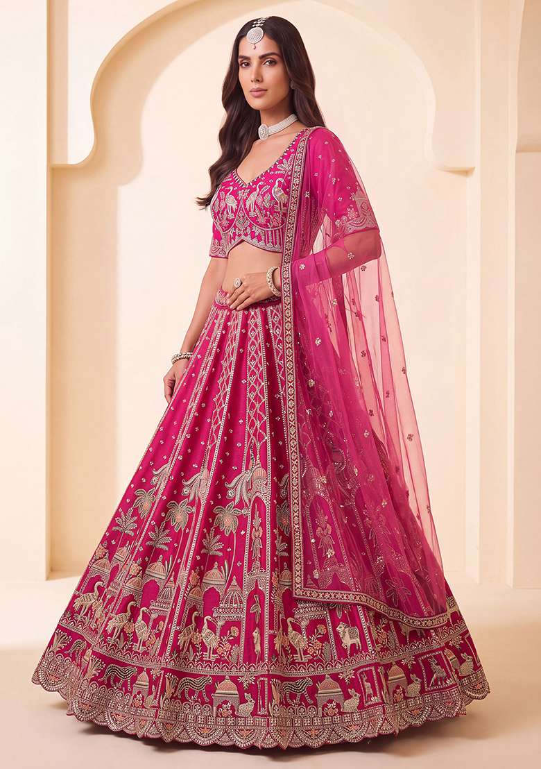 Rani Pink Embroidery Silk Lehenga Set - Indya