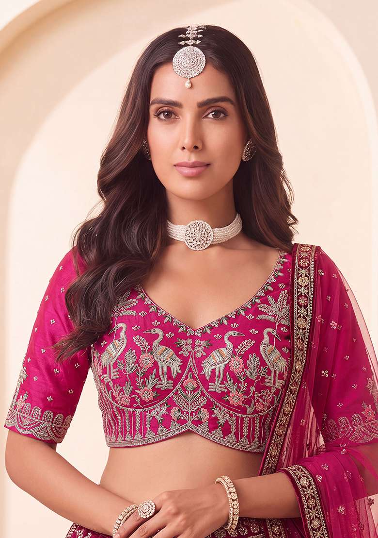 Rani Pink Embroidery Silk Lehenga Set - Indya
