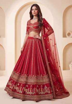 Red Embroidery Silk Lehenga Set