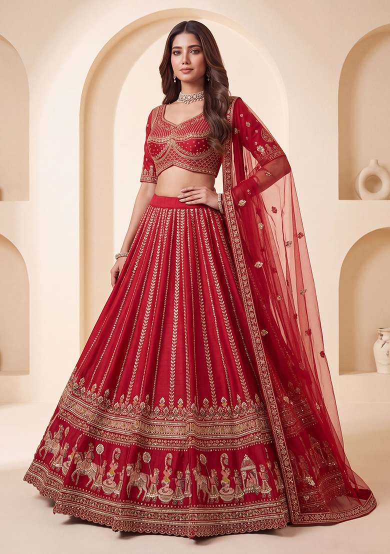 Red Embroidery Silk Lehenga Set - Indya