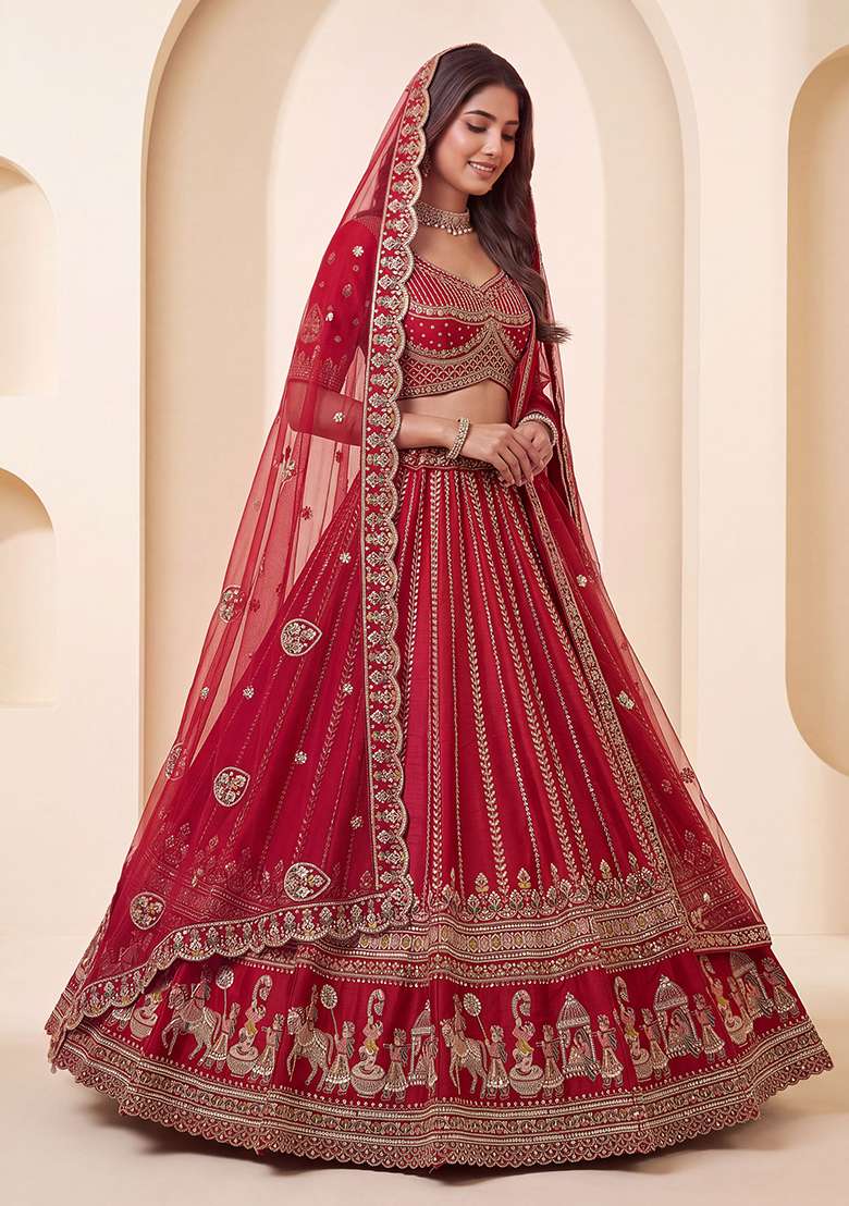 Red Embroidery Silk Lehenga Set - Indya