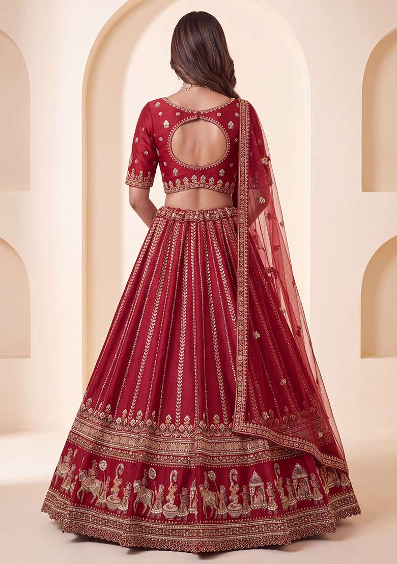 Red Embroidery Silk Lehenga Set - Indya