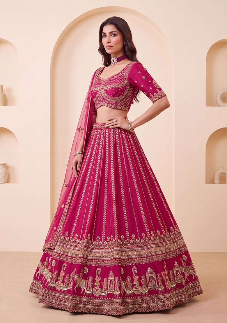 Rani Pink Embroidery Silk Lehenga Set - Indya