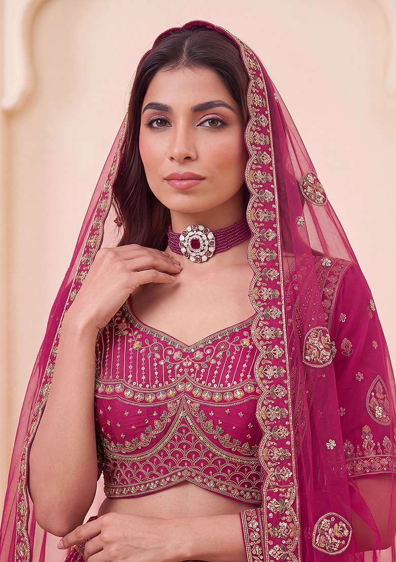 Rani Pink Embroidery Silk Lehenga Set - Indya