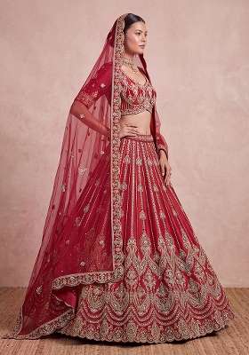 Red Embroidery Silk Lehenga Set