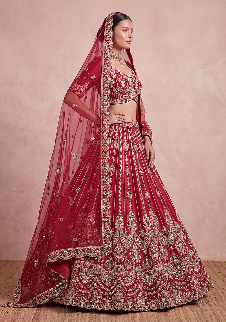 Red Embroidery Silk Lehenga Set - Indya
