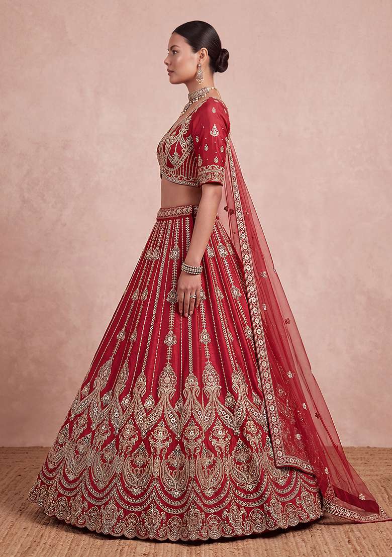 Red Embroidery Silk Lehenga Set - Indya
