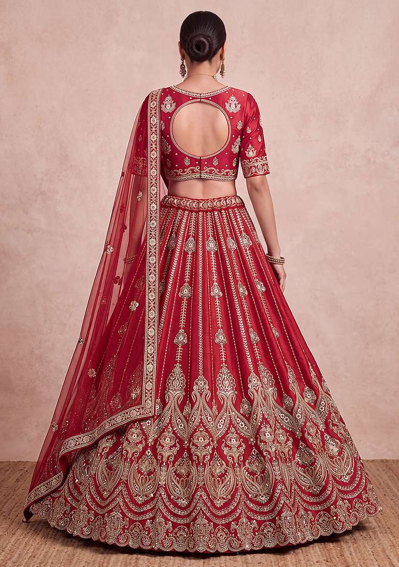 Red Embroidery Silk Lehenga Set - Indya