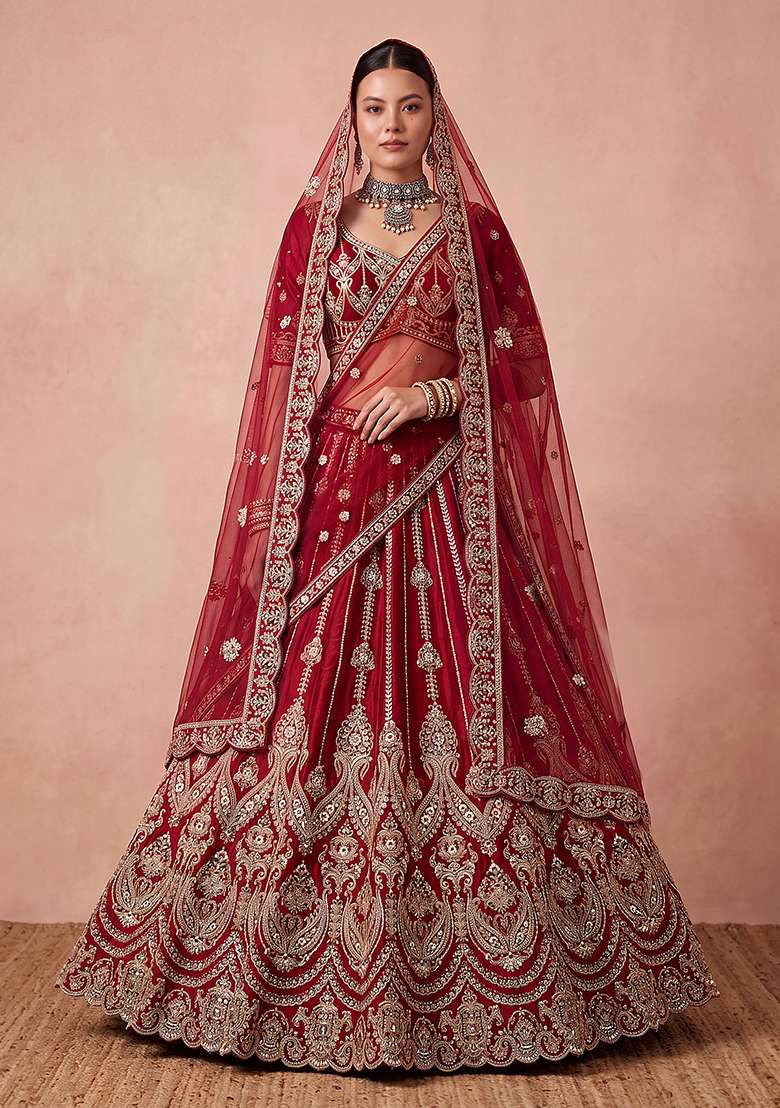 Maroon Embroidery Silk Lehenga Set - Indya