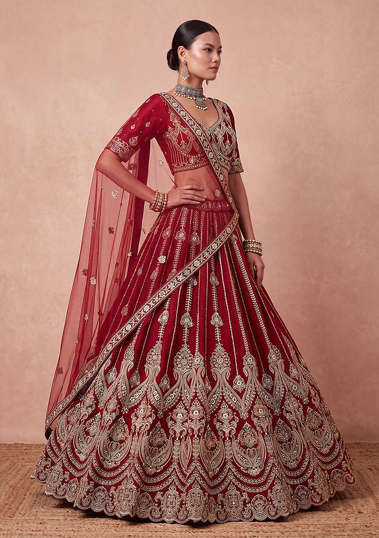 Maroon Embroidery Silk Lehenga Set - Indya