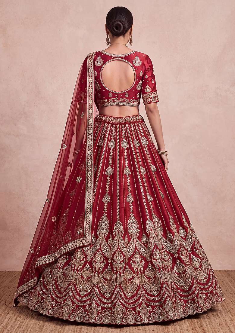 Maroon Embroidery Silk Lehenga Set - Indya