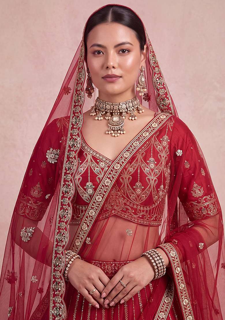 Maroon Embroidery Silk Lehenga Set - Indya