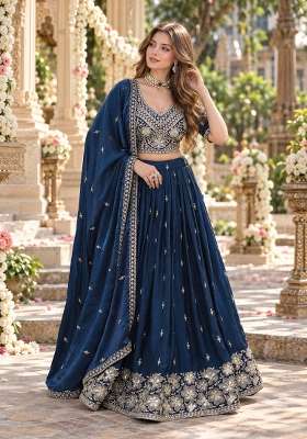 Navy Blue Embroidered Silk Lehenga Set