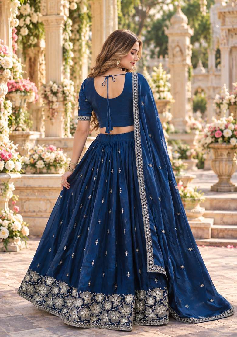 Navy Blue Embroidered Silk Lehenga Set - Indya