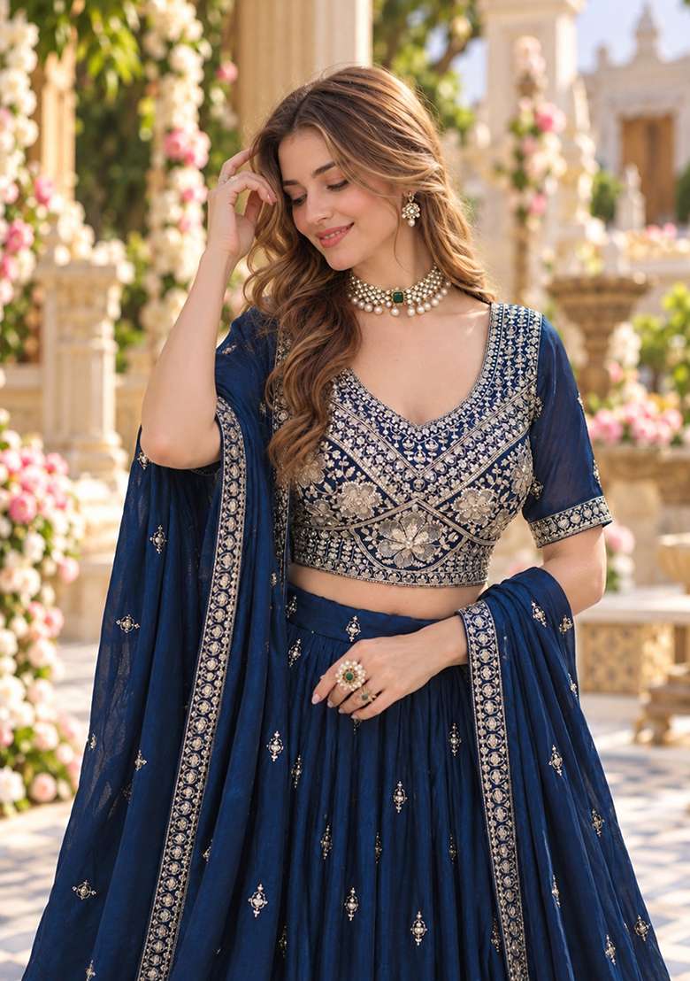 Navy Blue Embroidered Silk Lehenga Set - Indya