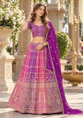 Purple Embroidered Georgette Lehenga Set