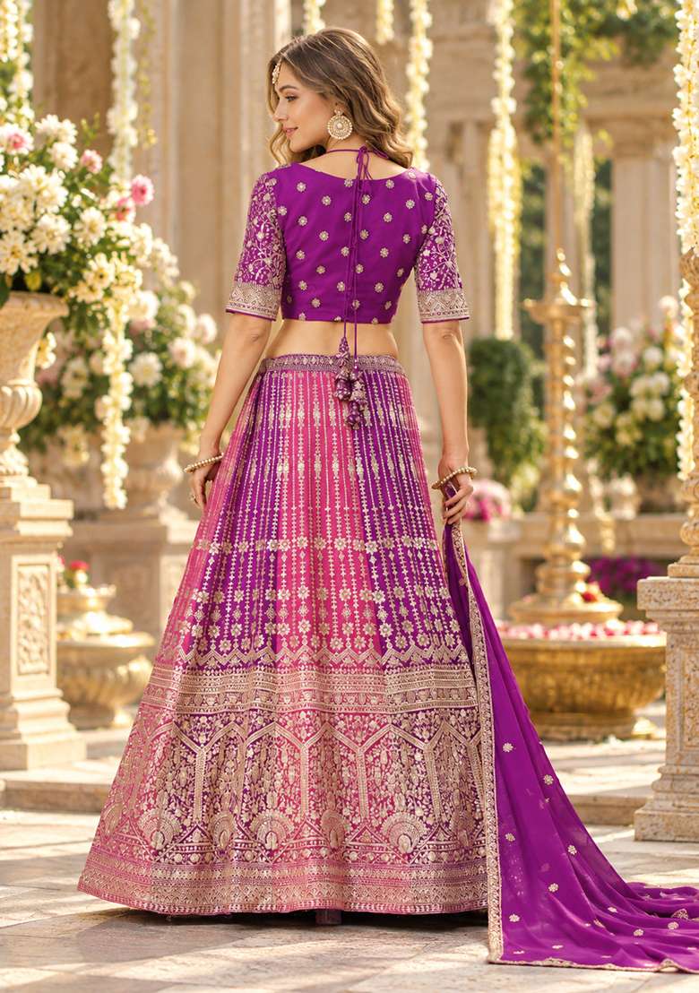 Purple Embroidered Georgette Lehenga Set - Indya