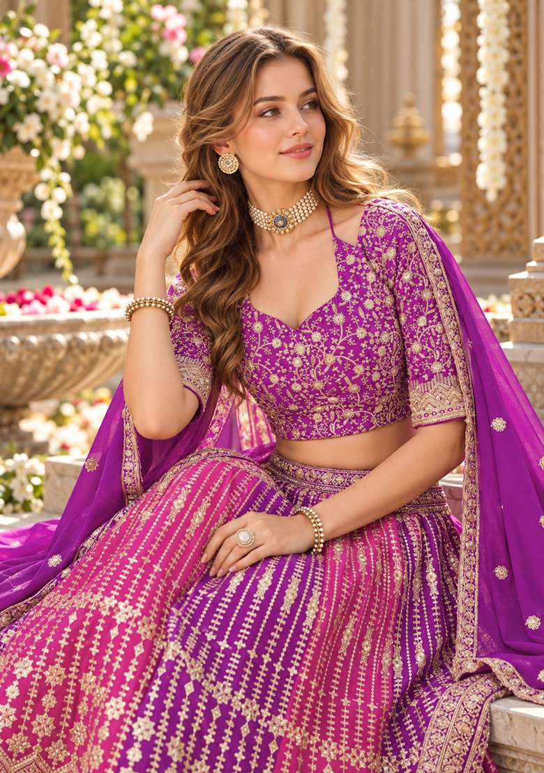 Purple Embroidered Georgette Lehenga Set - Indya