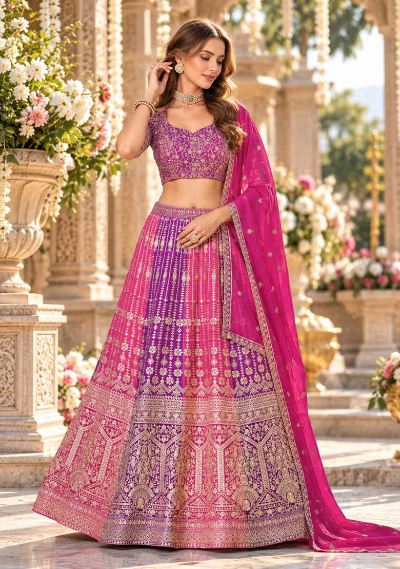 Rani Pink Embroidered Georgette Lehenga Set - Indya