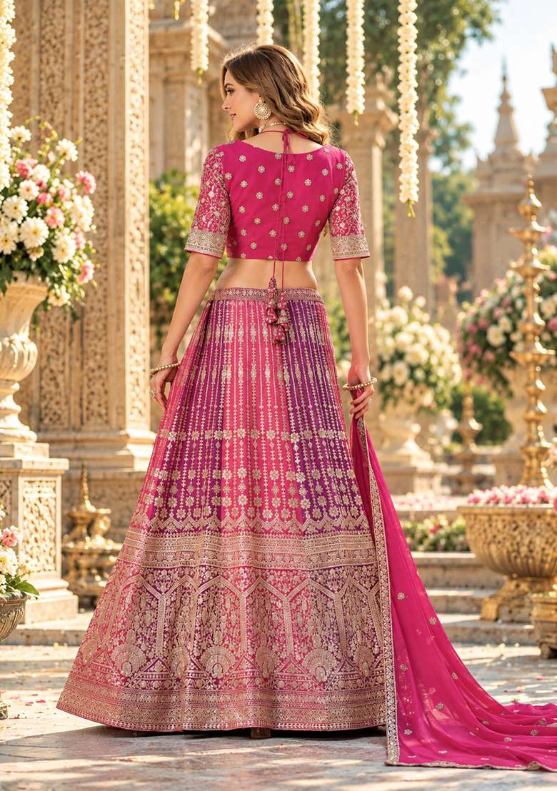 Rani Pink Embroidered Georgette Lehenga Set - Indya