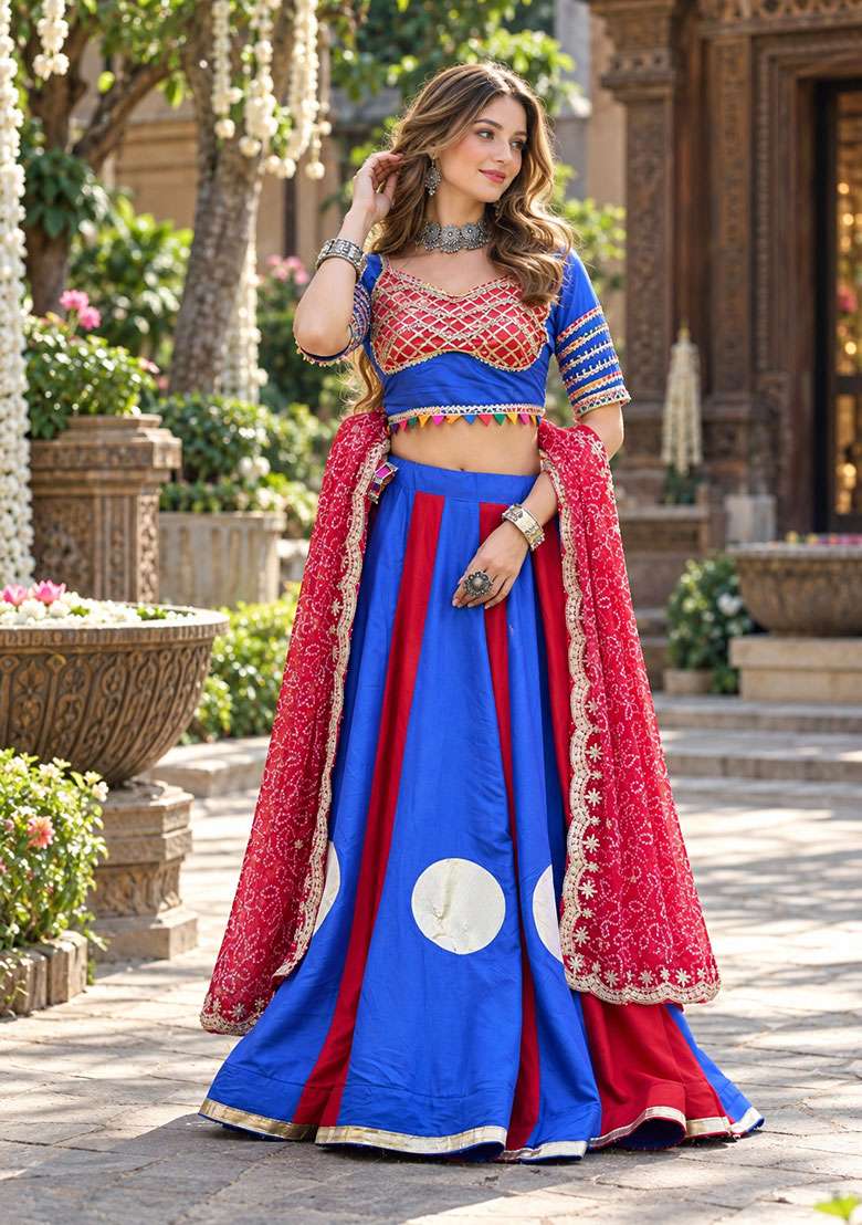 Blue Sequin Work Cotton Lehenga Set - Indya