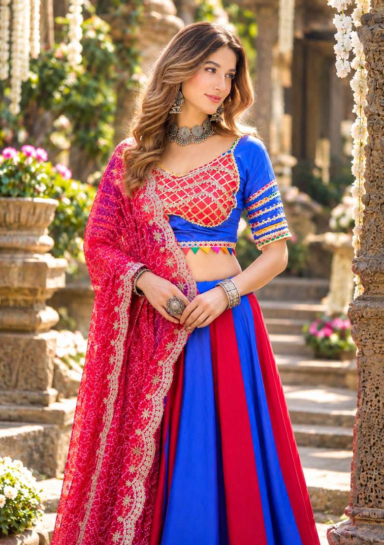 Blue Sequin Work Cotton Lehenga Set - Indya