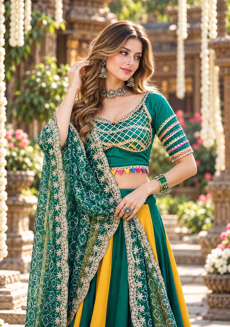 Emerald Sequin Work Cotton Lehenga Set - Indya