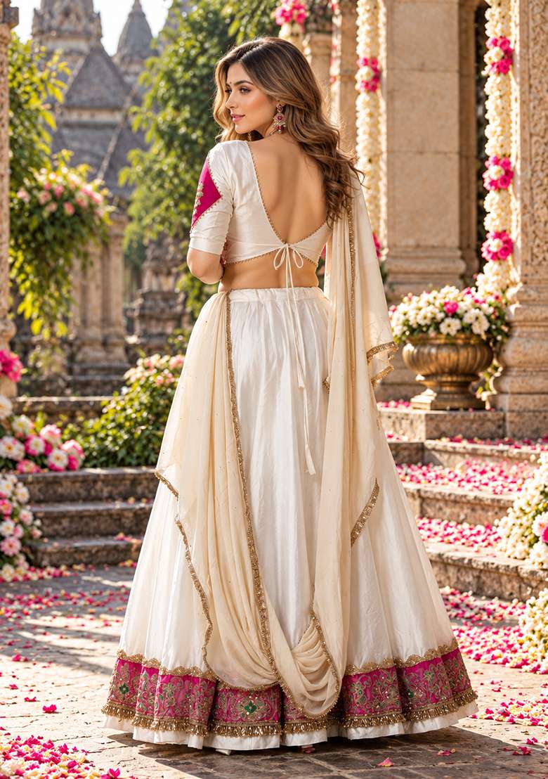 White Embroidered Silk Lehenga Set - Indya