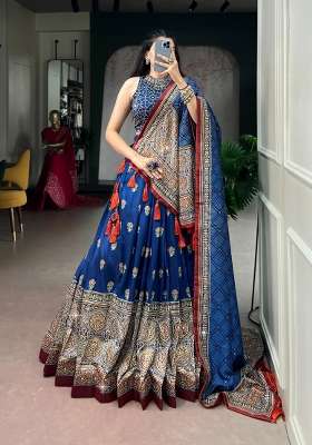 Blue Printed Silk Lehenga Set