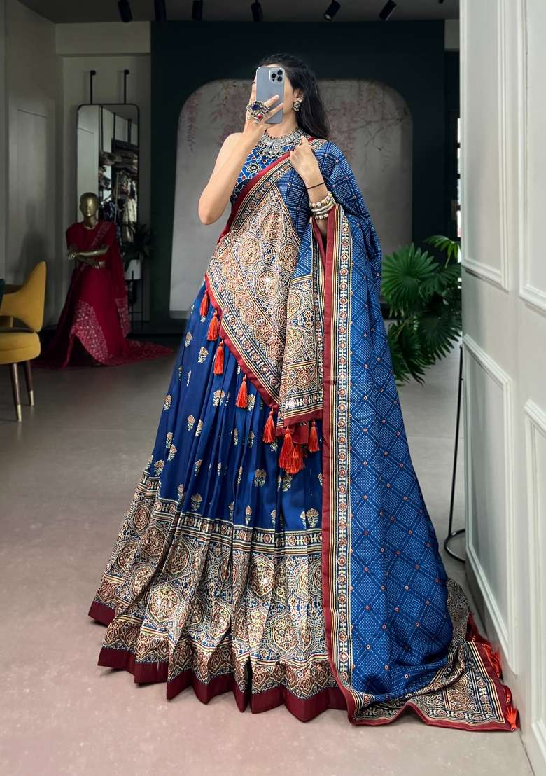 Blue Printed Silk Lehenga Set - Indya
