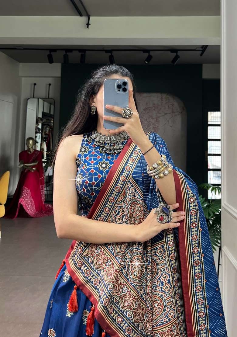 Blue Printed Silk Lehenga Set - Indya