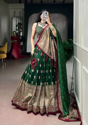Green Printed Silk Lehenga Set