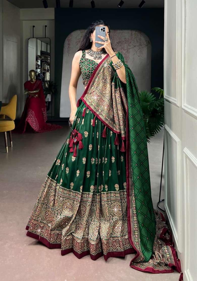 Green Printed Silk Lehenga Set - Indya