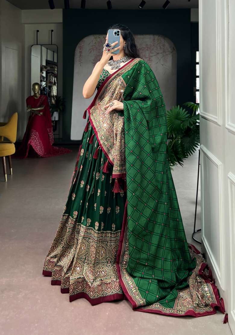 Green Printed Silk Lehenga Set - Indya
