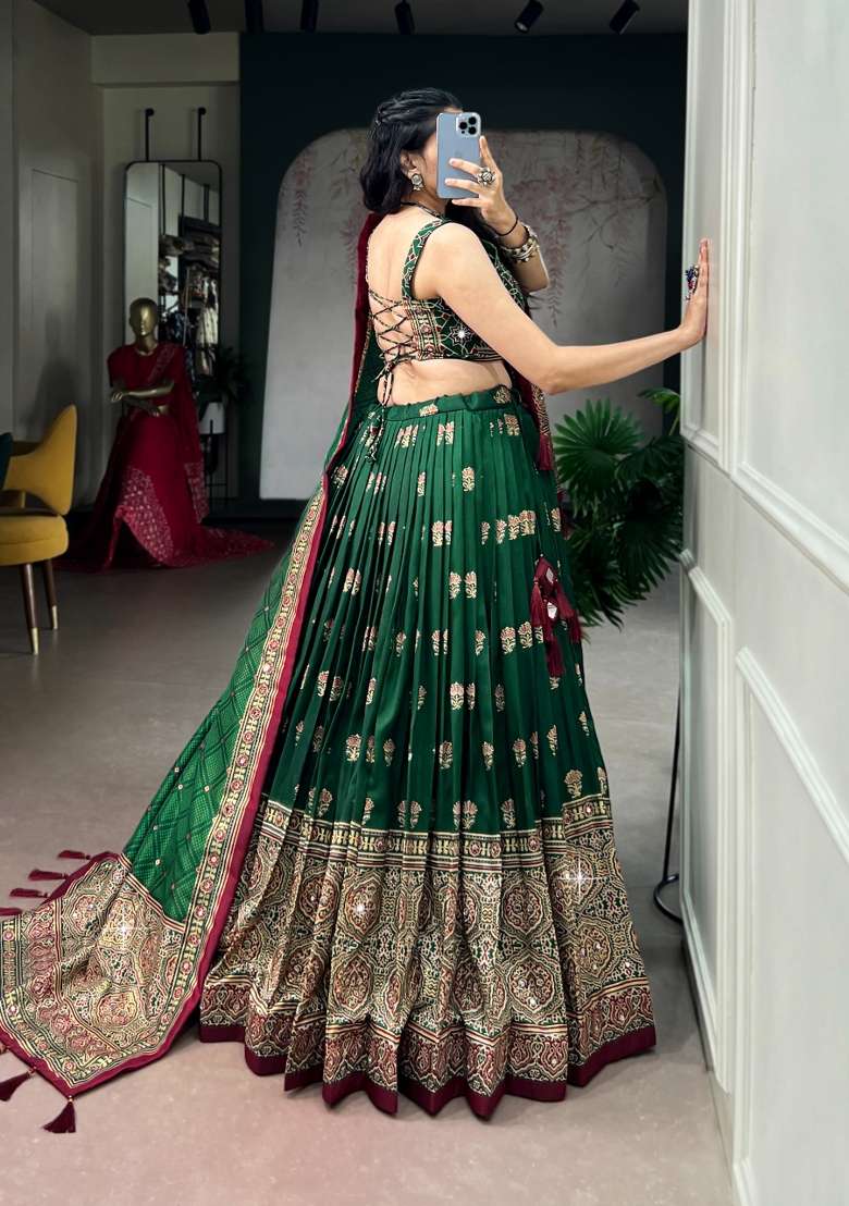 Green Printed Silk Lehenga Set - Indya