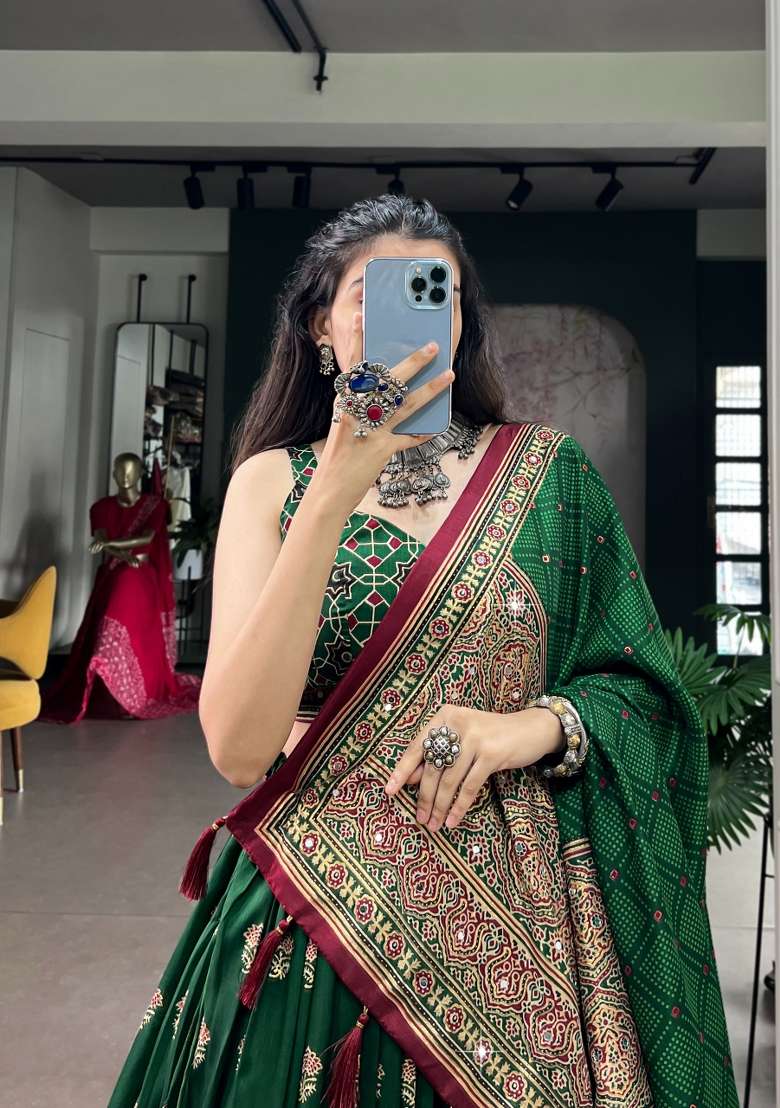 Green Printed Silk Lehenga Set - Indya