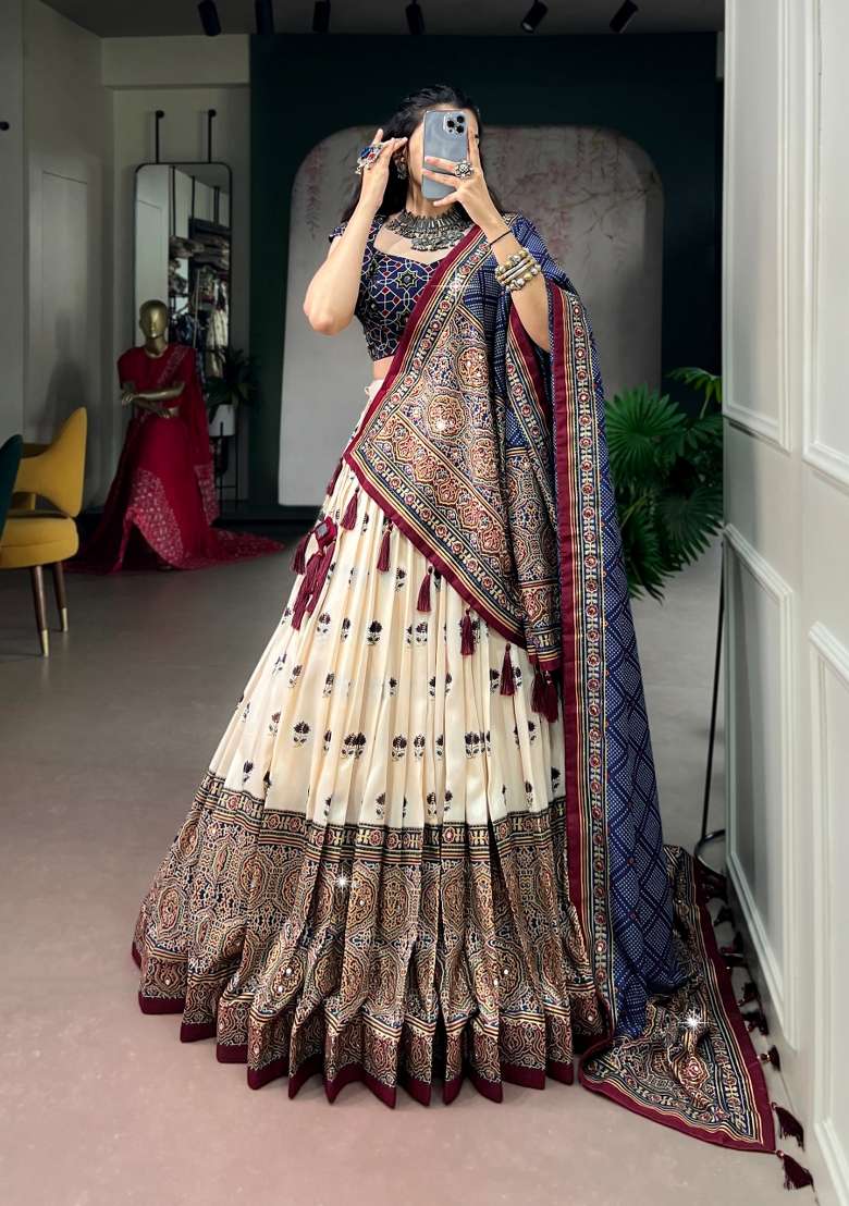 White Printed Silk Lehenga Set - Indya