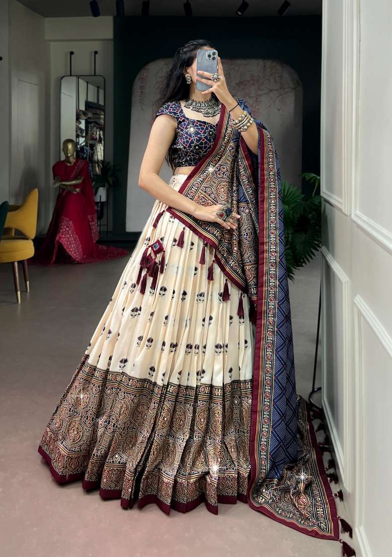 White Printed Silk Lehenga Set - Indya