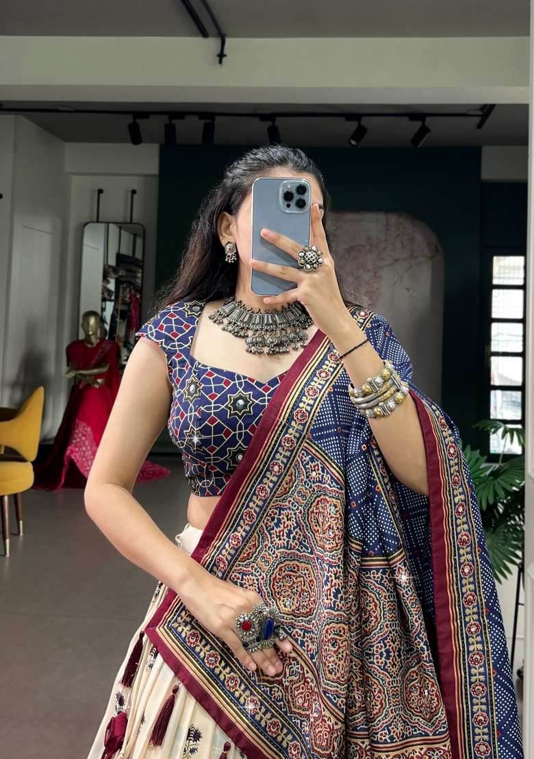 White Printed Silk Lehenga Set - Indya